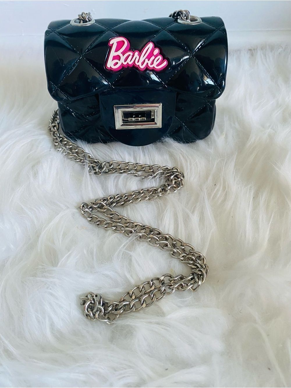 🛍️Barbie Black Quilted Patent Crossbody Mini Bag with Pink Logo